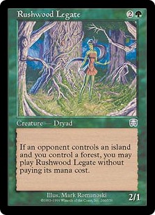 Rushwood Legate
 If an opponent controls an Island and you control a Forest, you may cast this spell without paying its mana cost.